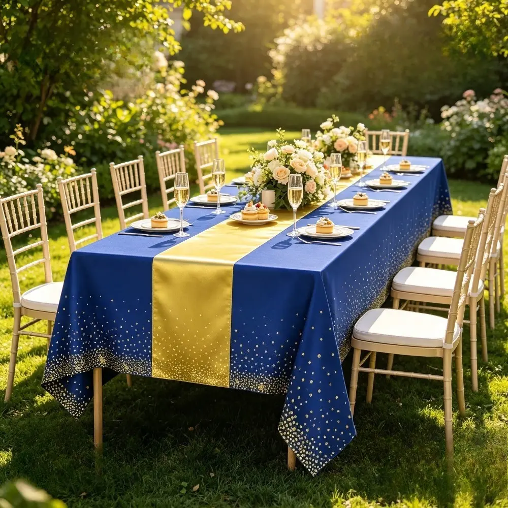 Poldian 1-Set Rectangular Plastic Tablecloth & Silk Table Flag Set, Indoor-Outdoor Leisure Party Supplies for Birthdays, Weddings, Desktop Decoration