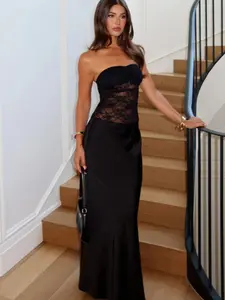 Women's Plain Contrast Lace  Tube Dress, Elegant Strapless Evening Party Gown, Ladies Summer Clothes