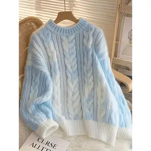 Thickened Cable Knit Long Sleeve Sweater for Women, Lazy Style Blue Knitted Top, Soft and Cozy [Gavan]