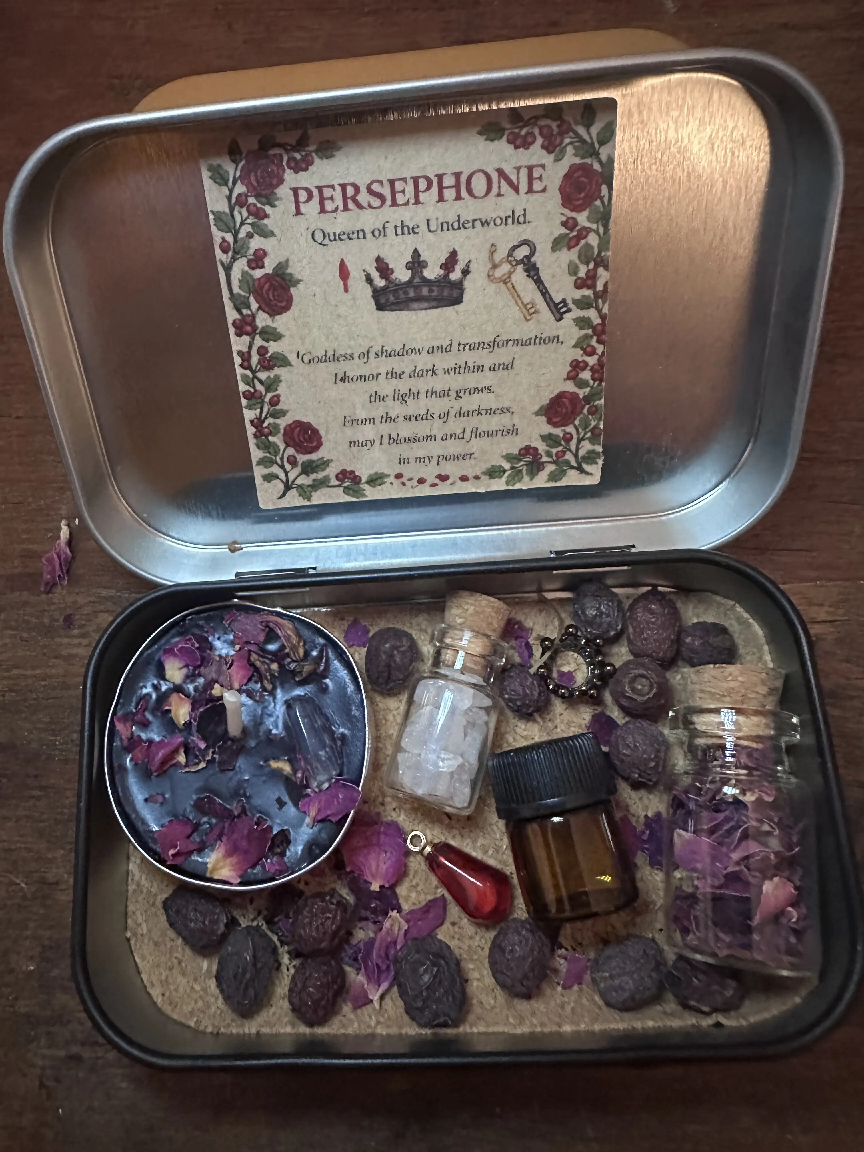 Persephone Handmade Goddess Metal Pocket Travel Altar Tin - 3.5in x 1in Compact, Durable, Eco-Friendly Rectangle Storage Kit with Spooky Seed Inclusions, Candle, Glass Decor, Ideal Religious Gift for Daily Devotion, Goddess Kit