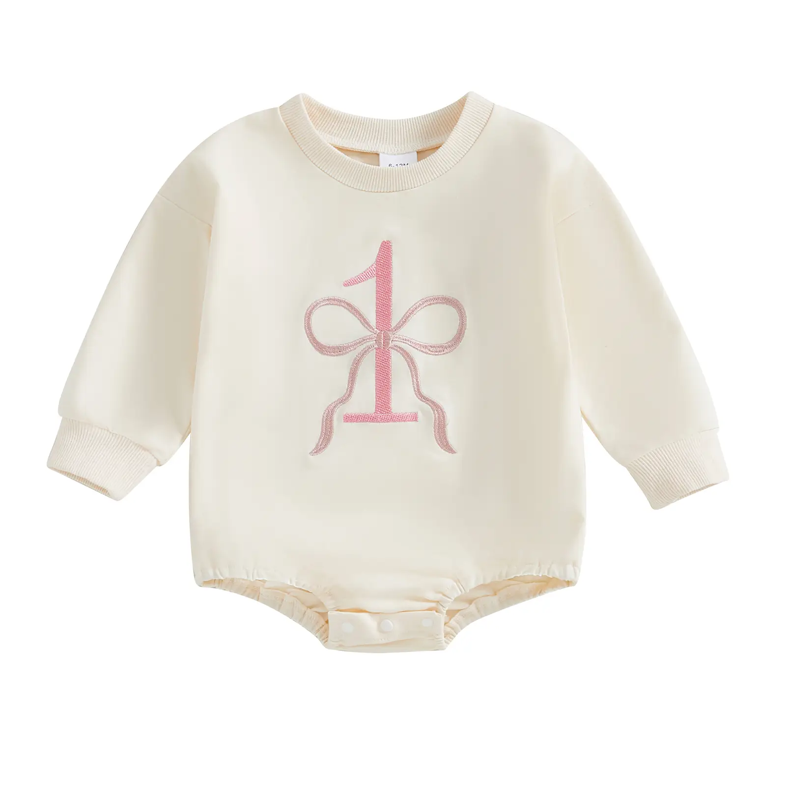 Infant Baby Girl Birthday Romper Bow Number Embroidery Crew Neck Long Sleeve Sweatshirt Jumpsuit for Fall Winter