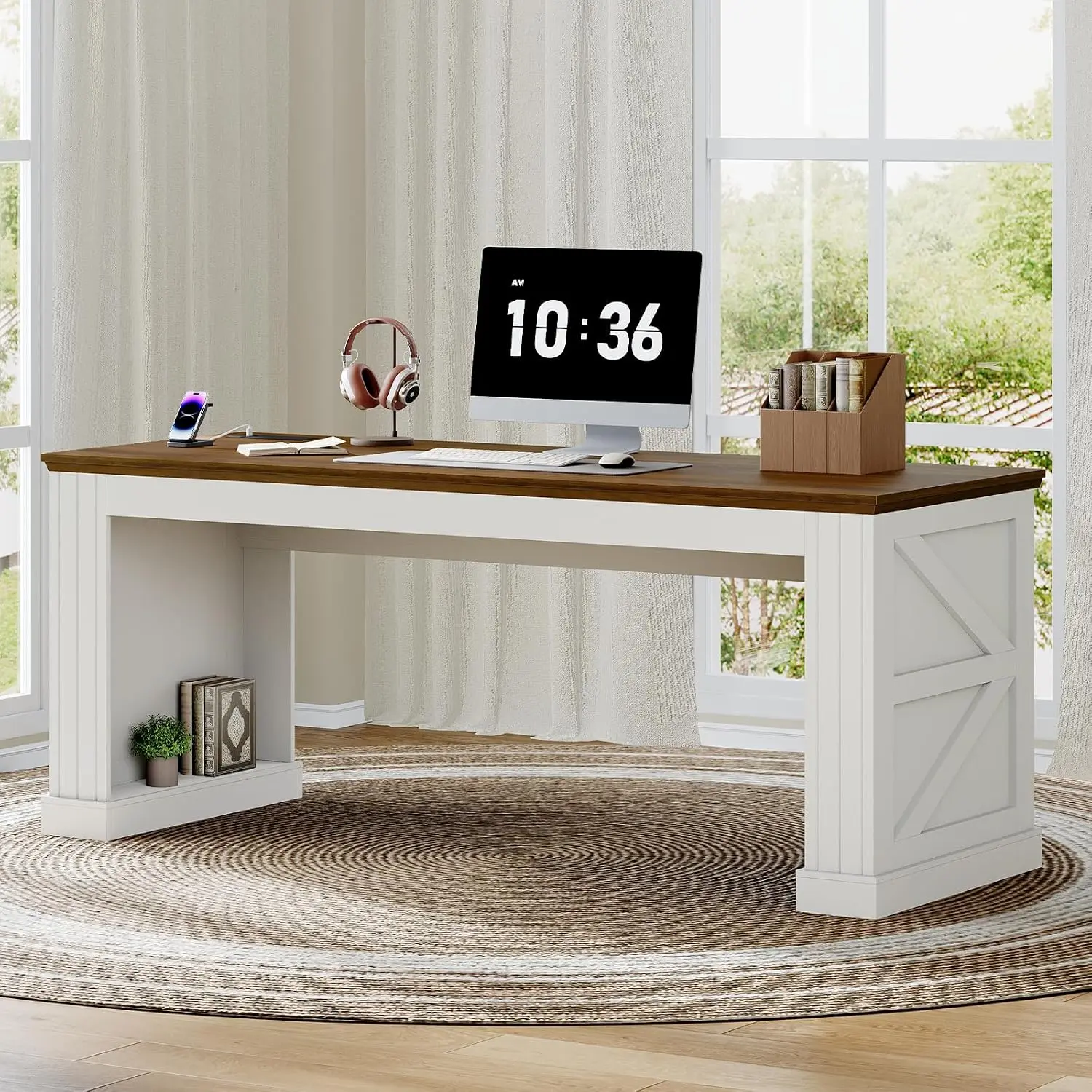 63-Inch Farmhouse Executive Desk, Long Computer Desk with Built-in Charging Station & Bottom Storage, Home Office Writing Study Desk for Bedroom, Living Room, White and Walnut