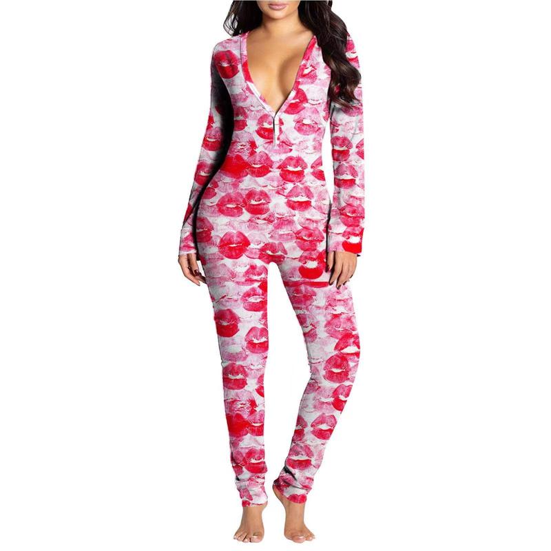 Full Length Holiday Valentines Day PJ Printed Sexy Stretchy Adult Pyjama Onesies With Buttflap