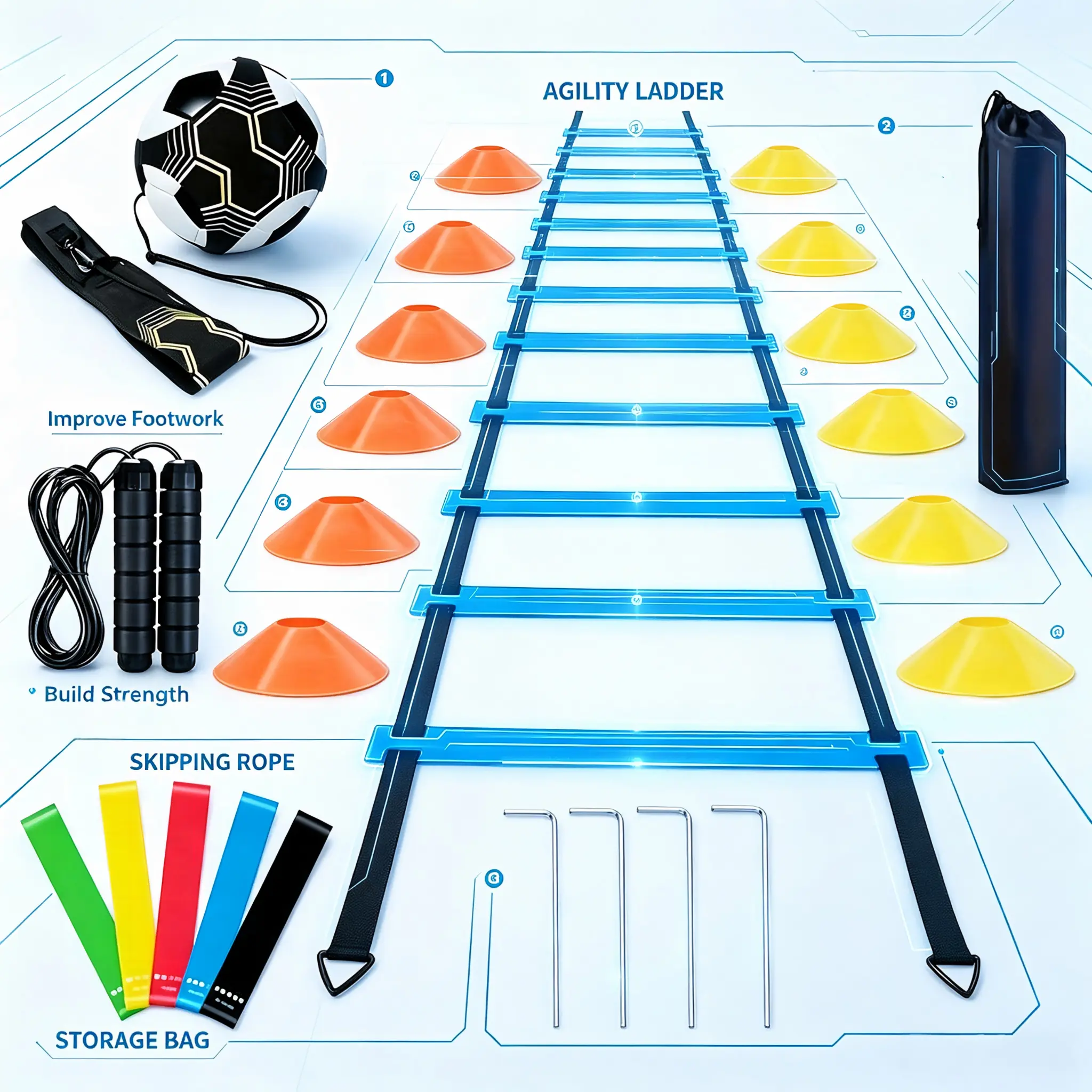 Multifunctional Agility Ladder Training Equipment Set, Speed Footwork Training Kit with Cones, Jump Rope & Resistance Bands for Soccer, Basketball and Sports Workout
