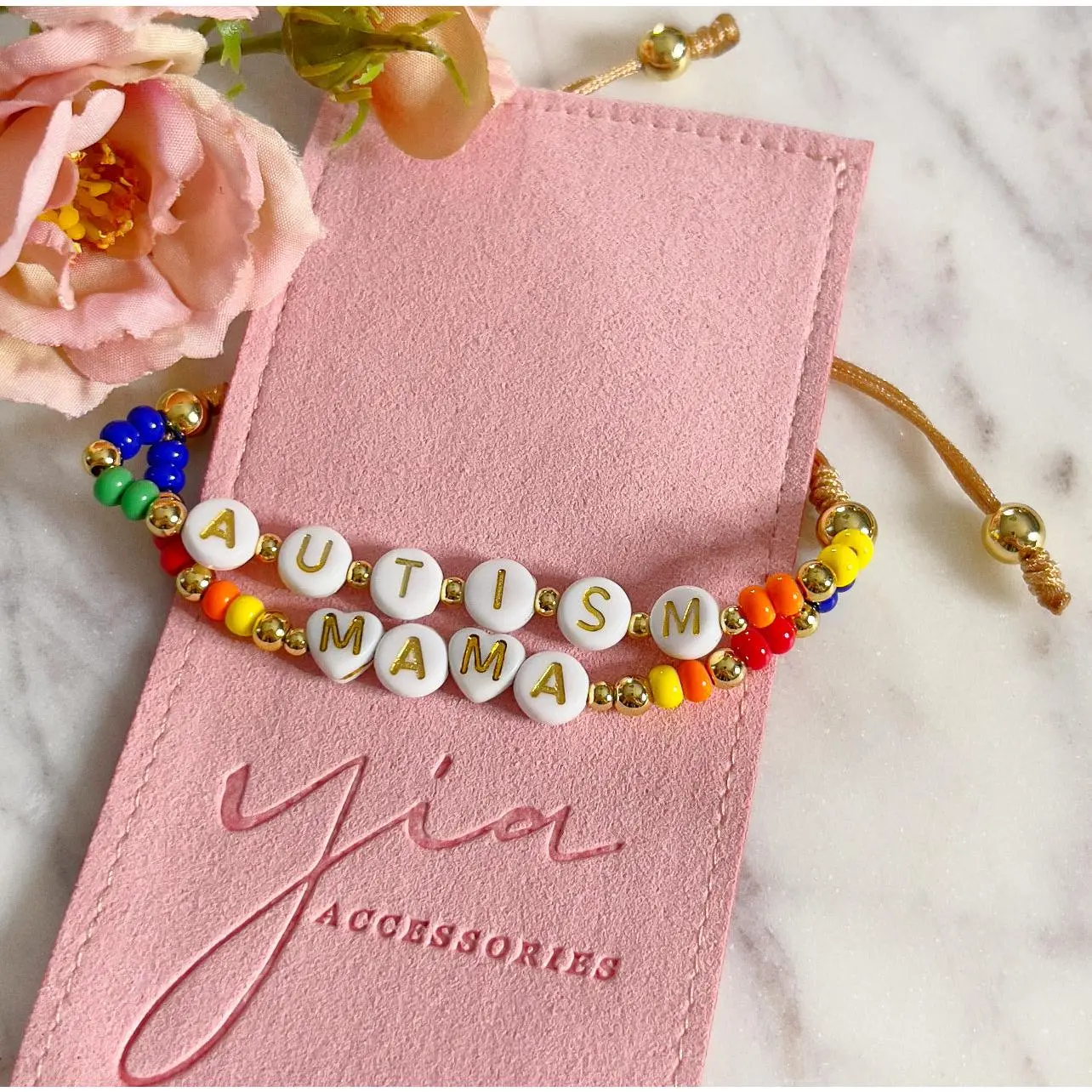 Bead Letter Bracelet Set for Autism Mama, Adjustable Double Bracelet with Rhodium Plated and Acrylic Beads, Bead Letter Bracelets & Bangles