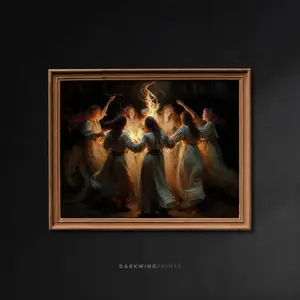 Fire Dance Wall Art, Nymphs Witches Dancing, Gothic Painting, Dark Academia, Vintage Painting, Moody Fun Print, Art Poster Print