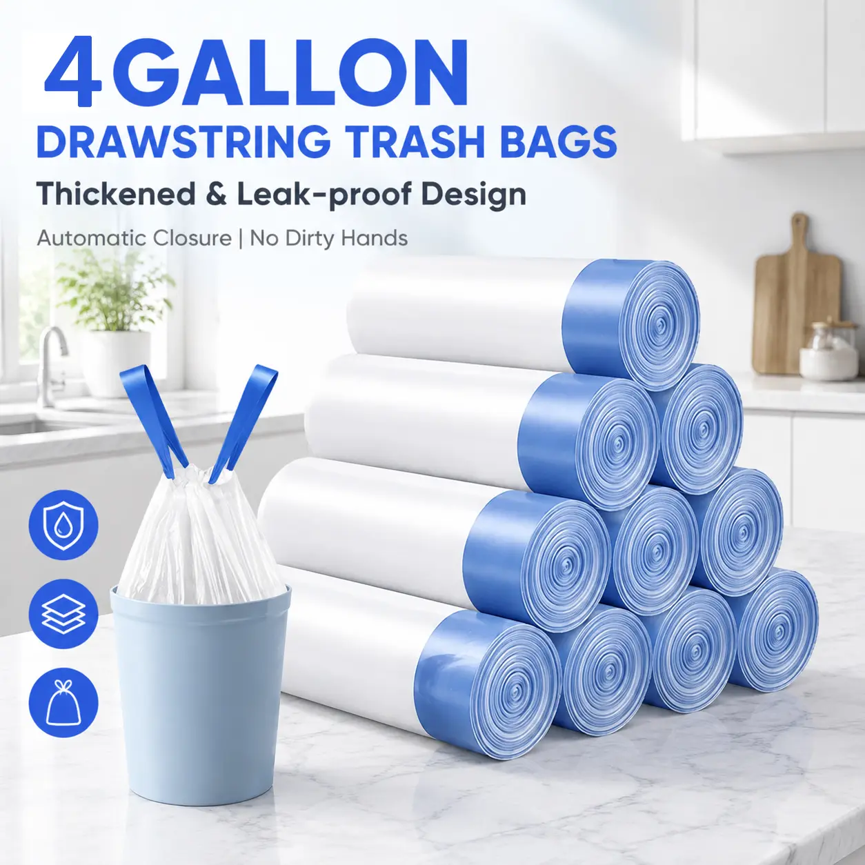 4-Gal Medium Drawstring Trash Bags, Thickened Stretchy Garbage Bags for Home & Office (Kitchen, Bathroom) Trash Cans, 50-Count Pack