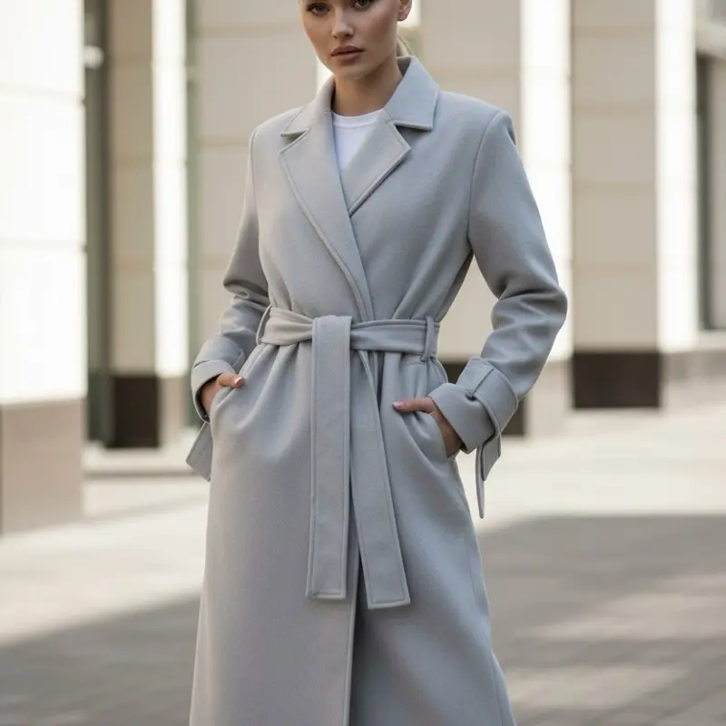 Pinnacle Garments Faiyum Coat – Wool Blend Ice Grey Overcoat, Long Winter Coat with Satin Lining & Hidden Pockets, Elegant Women’s Outerwear Tops Womenswear Elegance Jackets
