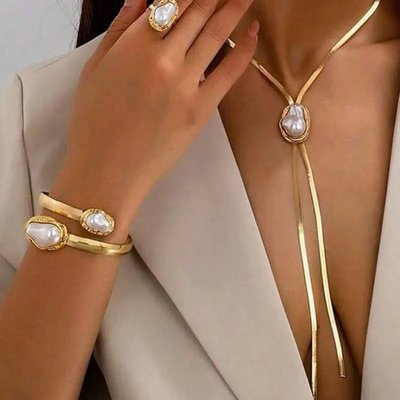 Women's Sweet K-Inspired Dainty Embellished Asymmetric Female Jewelry Set - Necklace, Hook Earrings, Bracelet, Ring - Elegant Daily, Anniversary Gift for Women