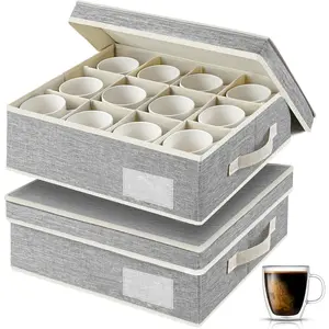 2 Pack Stackable Mug Storage Box with Hard Shell Dividers and Handles, Grey Cup Organizer Each Holds 12 Cups for Tea Cup, Coffee Mug, Glass Cups Storage