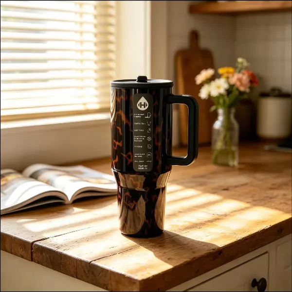 40oz Insulated Stainless Steel Sports Water Bottle - Dark Tortoiseshell Pattern, Leak-Proof Lid, 24-Hour Cold Retention, Stylish Portable Travel Drink Flask