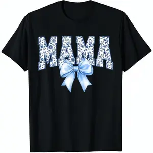 100%cotton Mama Shirt Blue Floral Coquette Bow Mama Mom Grandma T-Shirt