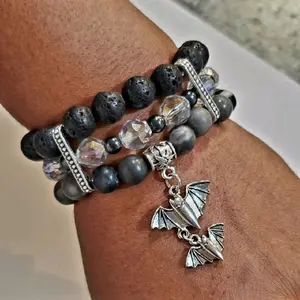 Lava Stone Beaded Bracelet Stack with Bat Charm, Emo Style, Dark Beads, Silver Finish, Unique Design