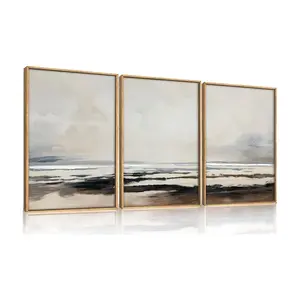 3pcs Large Neutral Abstract Gray Wall Art Set, Modern Art Design,Minimalist Modern Beige Brown Landscape Wall Decor,Wilderness Filed Artwork,Watercolor Misty Lake Print for Living Room,Bedroom,Office, Decoration