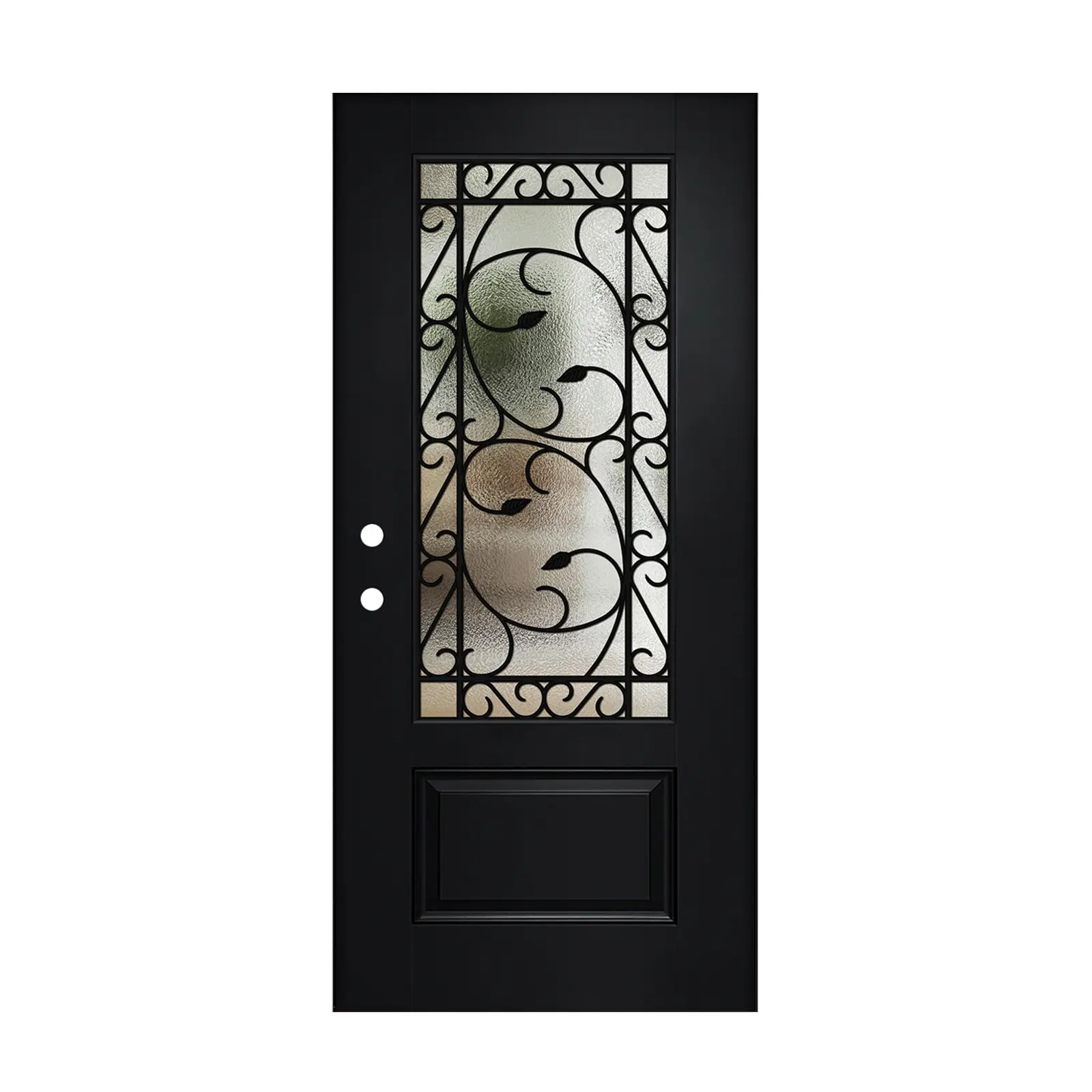 Textured Fiberglass Entry Door Slab, 36x80, 3/4 Lite with Wrought Iron and Low-E Glass, Right Hand Inswing, Black, Polyurethane Foam Core, Modern American Style for Garden & Outdoor