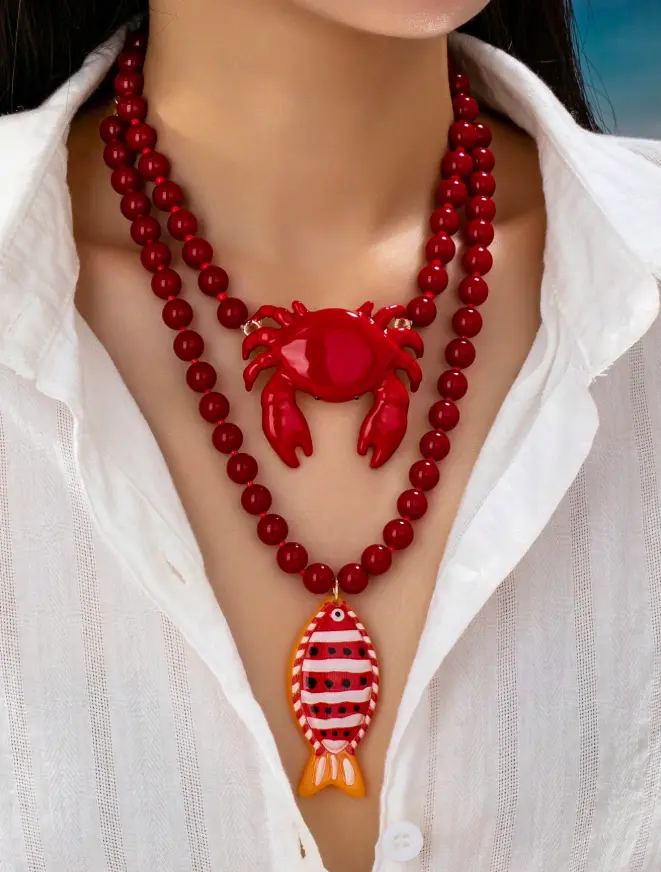 Red Beaded Crab & Fish Pendant Necklace Beach Jewelry for Women