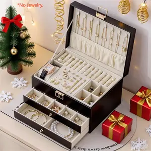 3-Layer PU Leather Jewelry Box Vintage Lattice Drawer Design Anti Dust Oxidation Storage Case With Lock Large Capacity Organizer for Ring Earring Necklace Watch Holiday Gift