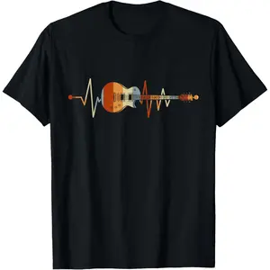 Men/Women Heart Rate Guitar Pattern Short-Sleeved T-Shirt, Casual Style, Suitable for Music Lovers, Summer Top