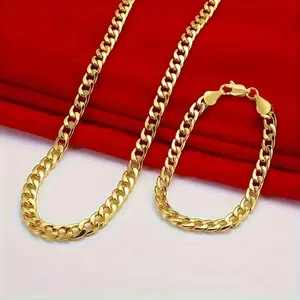 2pcs Simple Chain Set, 18k Golden Plated Stainless Steel Necklace And Bracelet