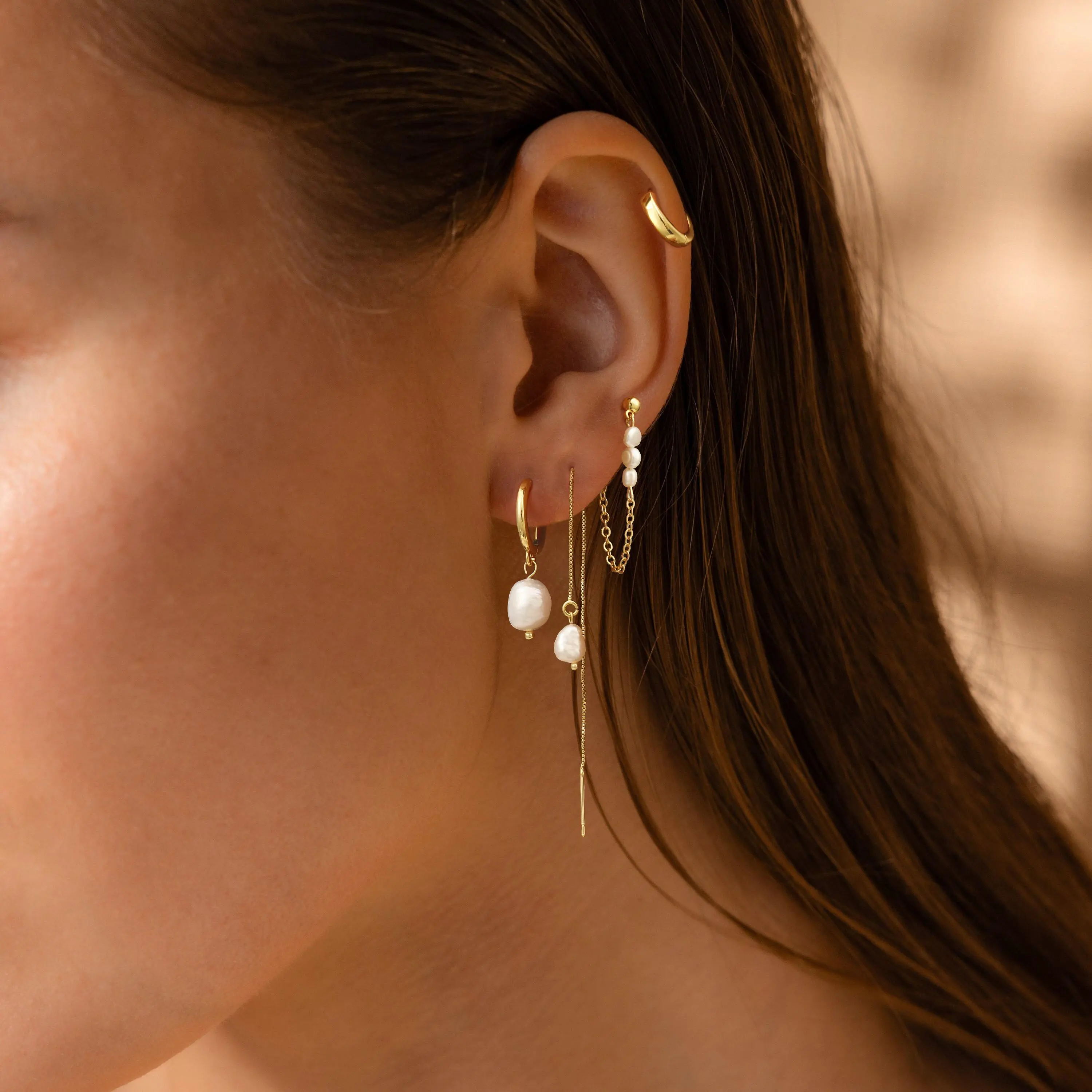 Earring Stacking Set for Women, Dainty Gold-Plated Pearl Hoop, Chain Dangle & Threader Earrings for Multiple Piercings, Hypoallergenic Jewelry, Pearl Set