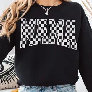 Retro Checkered Mama Sweatshirt, Mama Varsity, Rendy Mama Shirt, New Mama, Gift For Mother, Long Sleeve Crew Neck polyester fiber Shirt