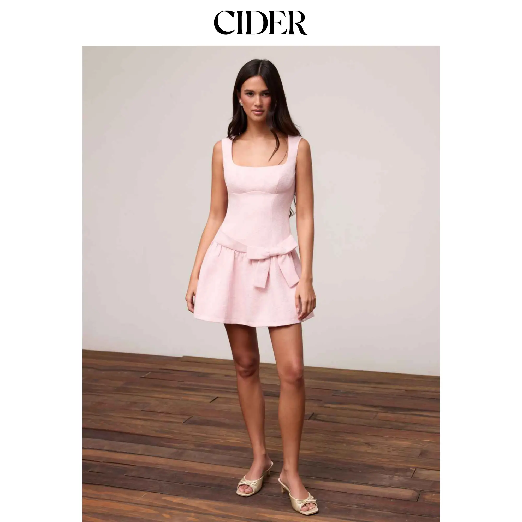 Cider Tweed Square Neck Knotted A-line Mini Dress