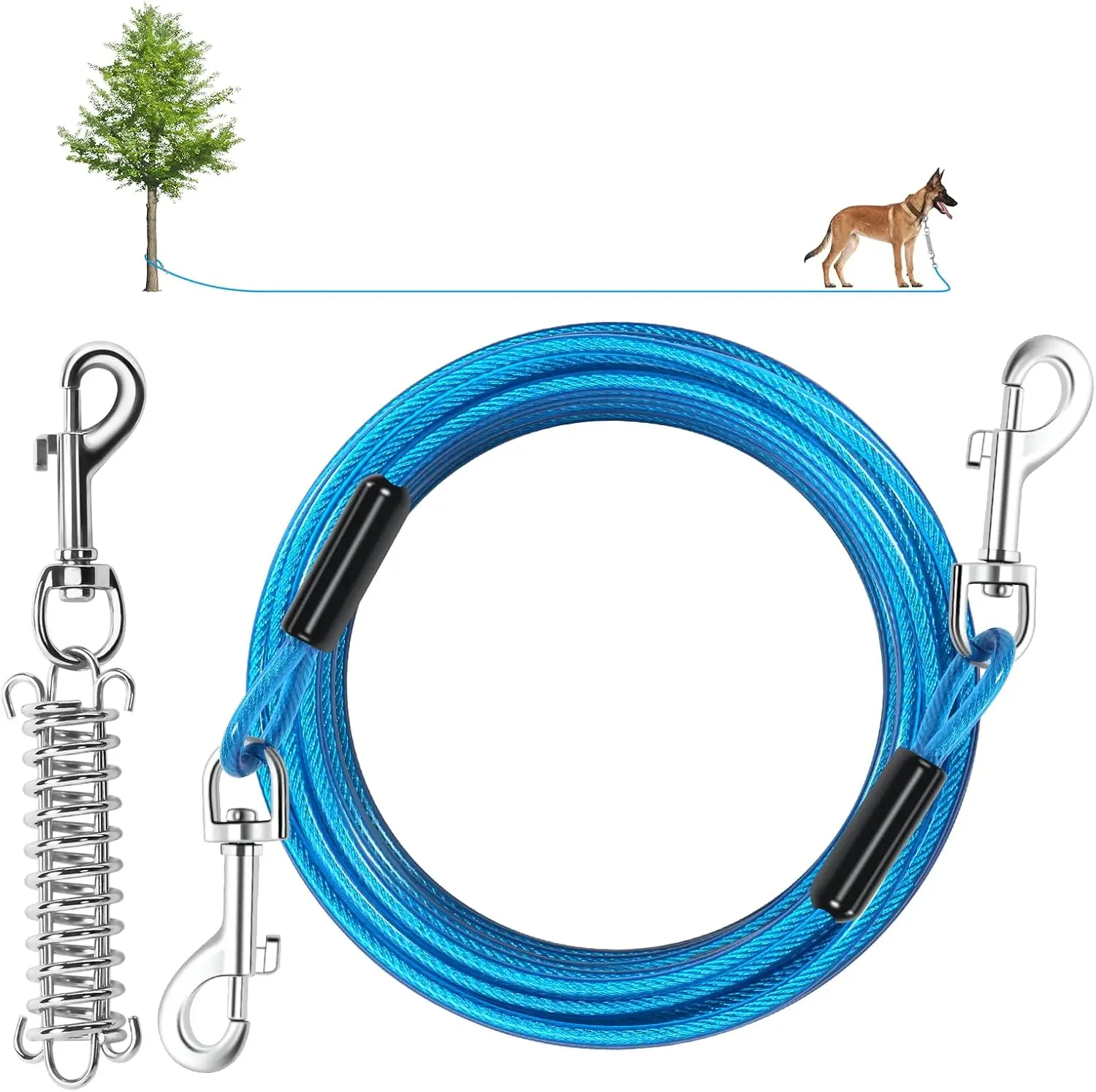 Dog Tie Out Cable,  FT Heavy Duty Dogs Lead Cable with Detachable Shock Spring, Dog Runner Chains for Outside Yard Camping Hold Small or Medium Dogs (feet, up to lbs)