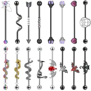 ZS 1PC 14g Stainless Steel Long Industrial Piercing Snake Bat CZ Crystal Ear Stud Black Ear Tragus Cartilage Helix Piercing 38MM
