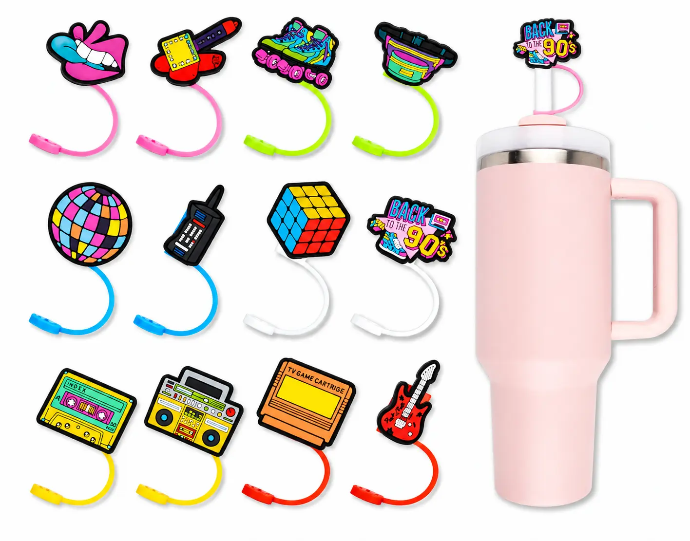 Back to 90s Straw Covers Topper 12PCS Back to 90s PVC Clog Pins Accessories Party Favors Birthday Gifts Holidays Decoration for Boys Women Girls