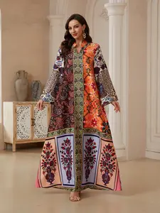 Visual Impact Middle Eastern Patchwork Ethnic Long Robe, Geometric Totem Loose Fit Slimming Aura Abaya, Boho Style All Seasons