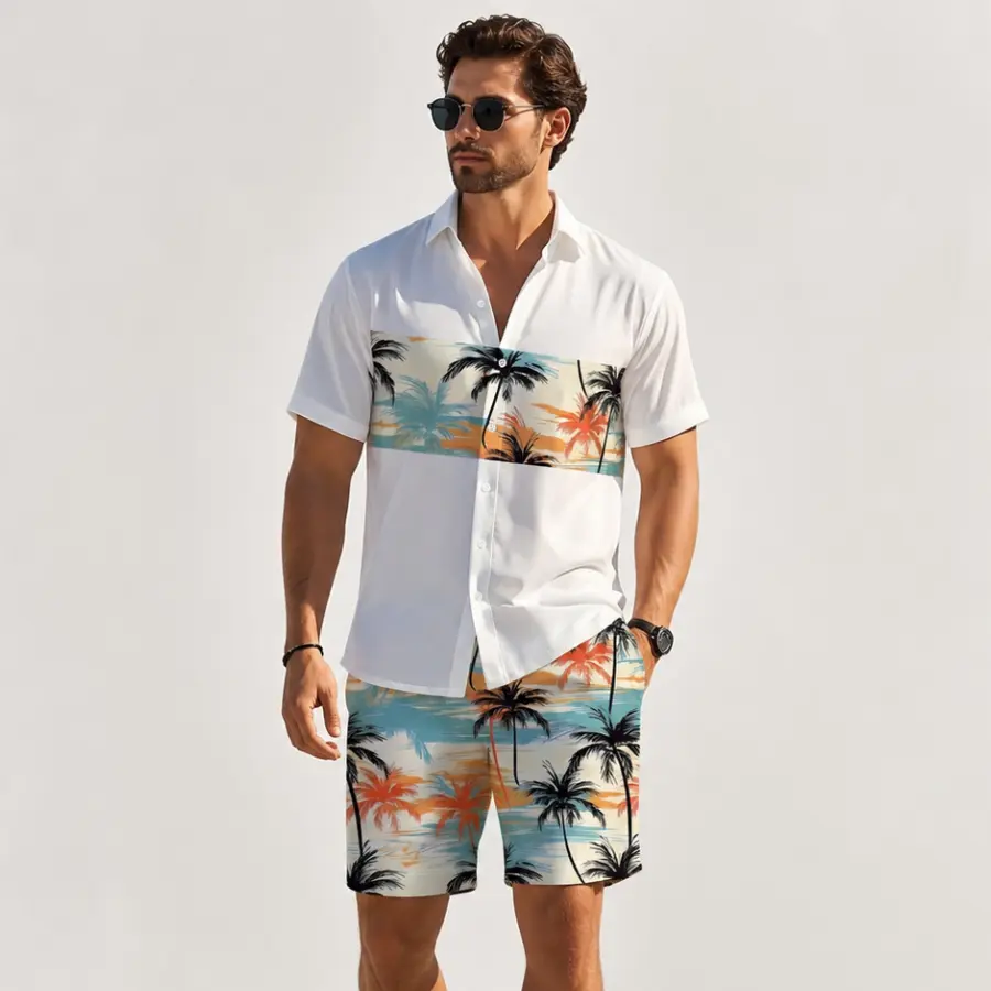 Men's Hawaiian Shirt and Shorts Set, Tropical Palm Tree, Flamingo, Stripe and Nautical Print Short Sleeve Button Up Shirt with Coordinated Shorts, Lightweight Breathable Quick Dry Summer Outfit for Beach Vacation, Resort, Cruise and Travel
