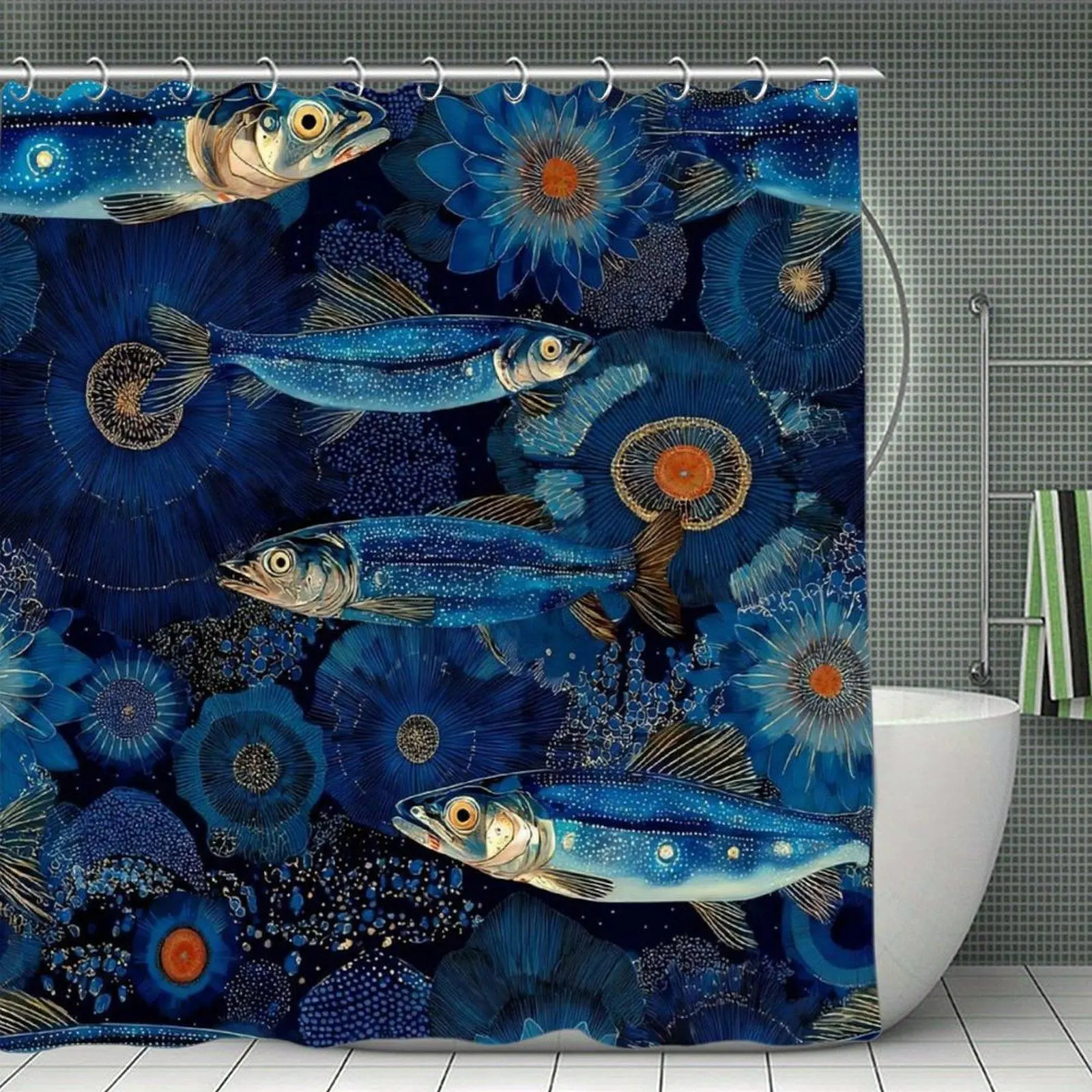 Waterproof Blue Fish-Dark Floral Seamless Print Shower Curtain, Plastic-Window Compatible, Stainless-Steel Rod-Friendly, Ocean Nautical Bathtub Bathroom Decor, Shower Curtains, Bath Shower