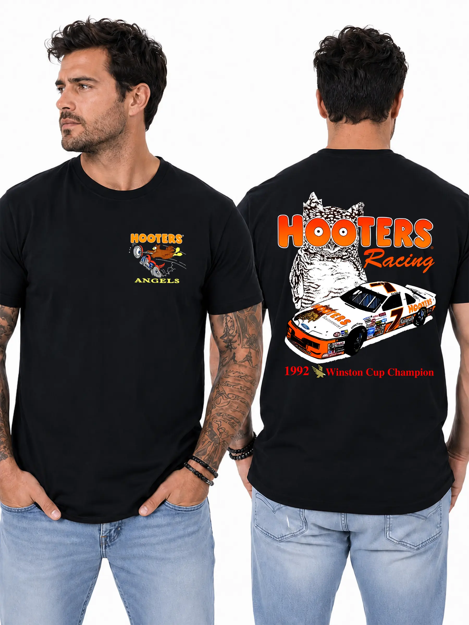 Hooters Racing T-Shirt, 1992 Winston Cup Champion Graphic Tee, Vintage NASCAR Race Car Shirt with Owl Logo, Classic Motorsports Tee for Racing Fans Design