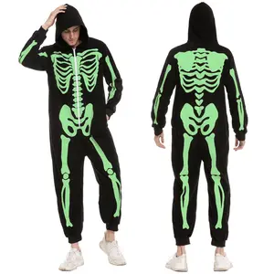 Joyfy Halloween Skeleton Jumpsuit Adult Men Skeleton Pajama for Halloween Party (Glow in the Dark) - L