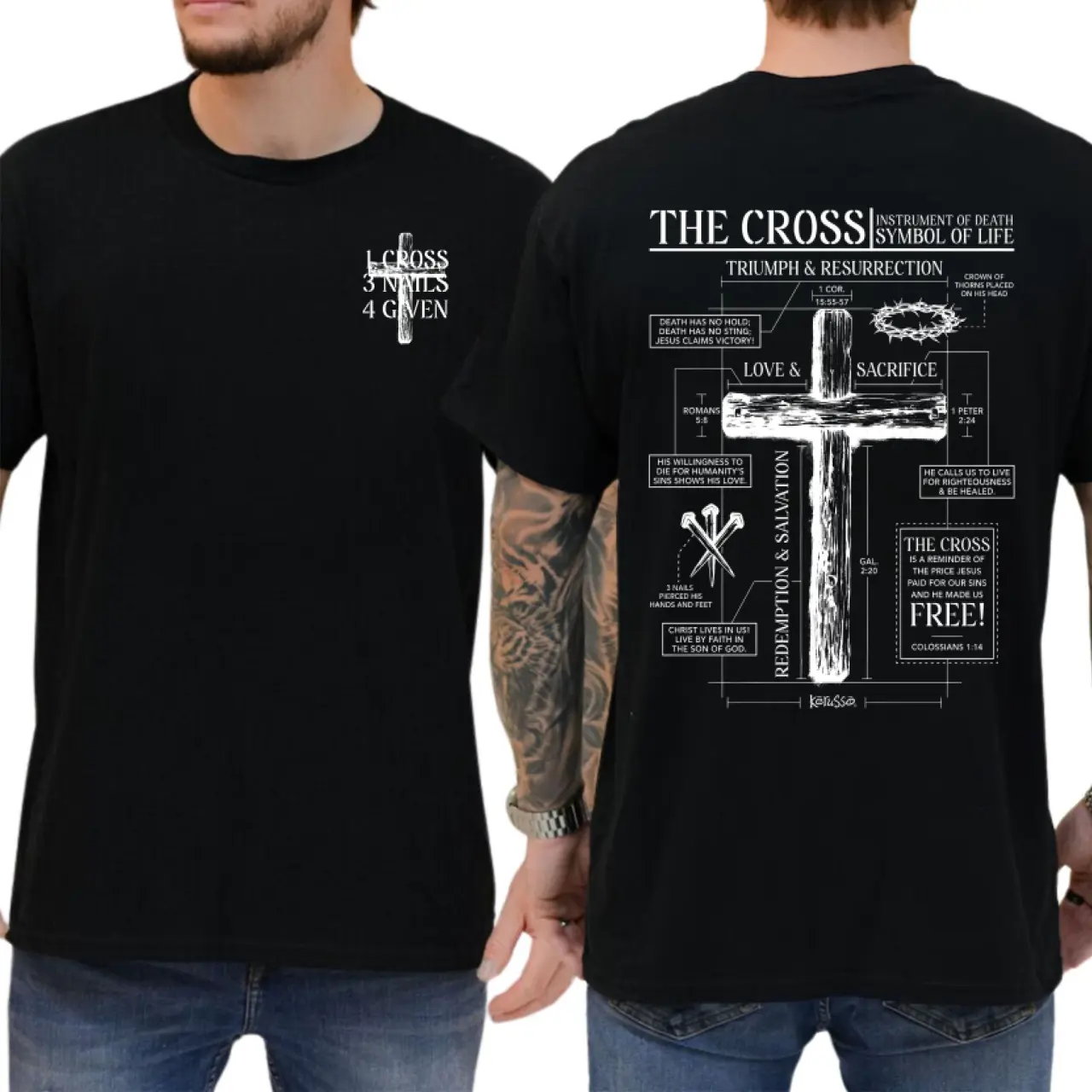 Jesus Cross Diagram Shirt, Redemption & Salvation Christian T-Shirt, Love & Sacrifice Faith Tee, 1 Cross 3 Nails 4given Bible Verse Clothing