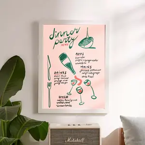 Room Decor, Trendy Minimalist Illustration Kitchen Wall Decor Gallery Wine Cheese Pasta Foodie Gift Idea, Dinner Party Menu Art Print,