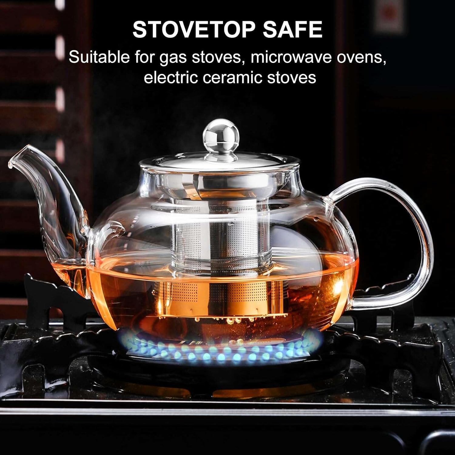 Glass Teapot Stovetop 20 OZ/600ml, Tea pot with Removable 18/8 Stainless Steel Infuser, Borosilicate Clear Tea Kettle, Teapot Blooming and Loose Leaf Tea Maker Tea Brewer for Camping, Travel