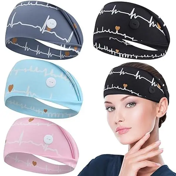 Headbands with Button for Mask, Wide Nurses Headbands Non Slip Elastic Ear Protection for Women Men Doctors Sweatband Headband