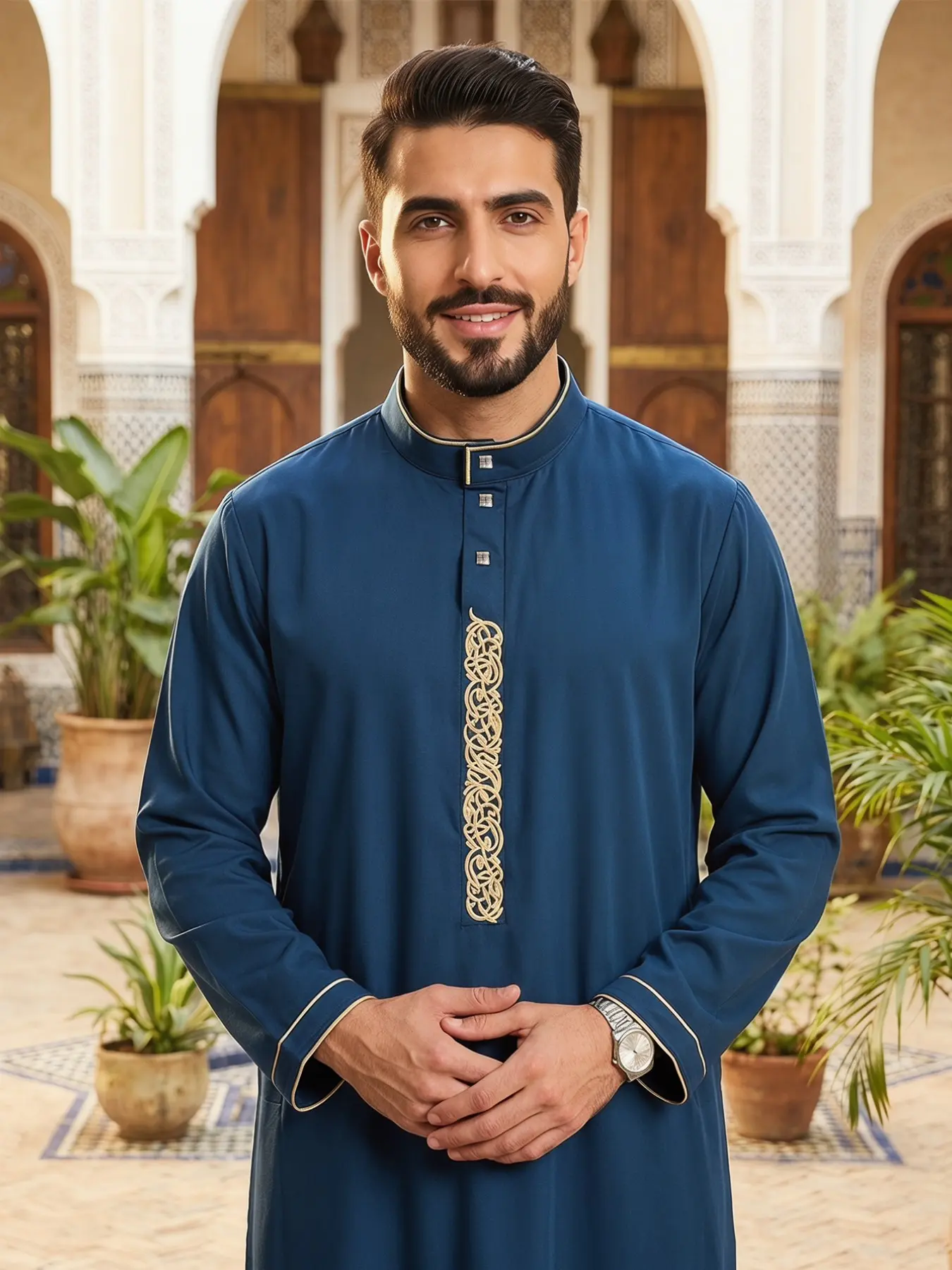 Islamic Traditional Men's Robe, Islamic Thobe, Muslim Thobe, Stand Collar with Gold Embroidery, Long Robe for All Seasons, Perfect Gift for Festivals