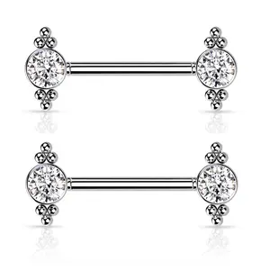 Threadless Push-in CZ Crystal Center with Ball Clusters Nipple Barbells - Stainless Steel - Pair