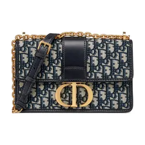 Pre-owned Dior canvas Crossbody Bags 30 Montaigne Chain Bag Blue Oblique Jacquard Medium Crossbody