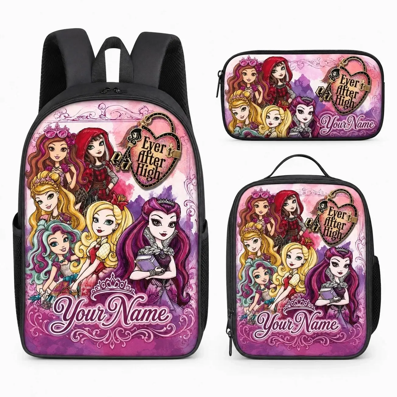 Custom Name Magical Fairytale Princess Student Backpack Set | 3Pcs Schoolbag Insulated Lunch Bag Pencil Case | Personalized Back to School Gift for Girls