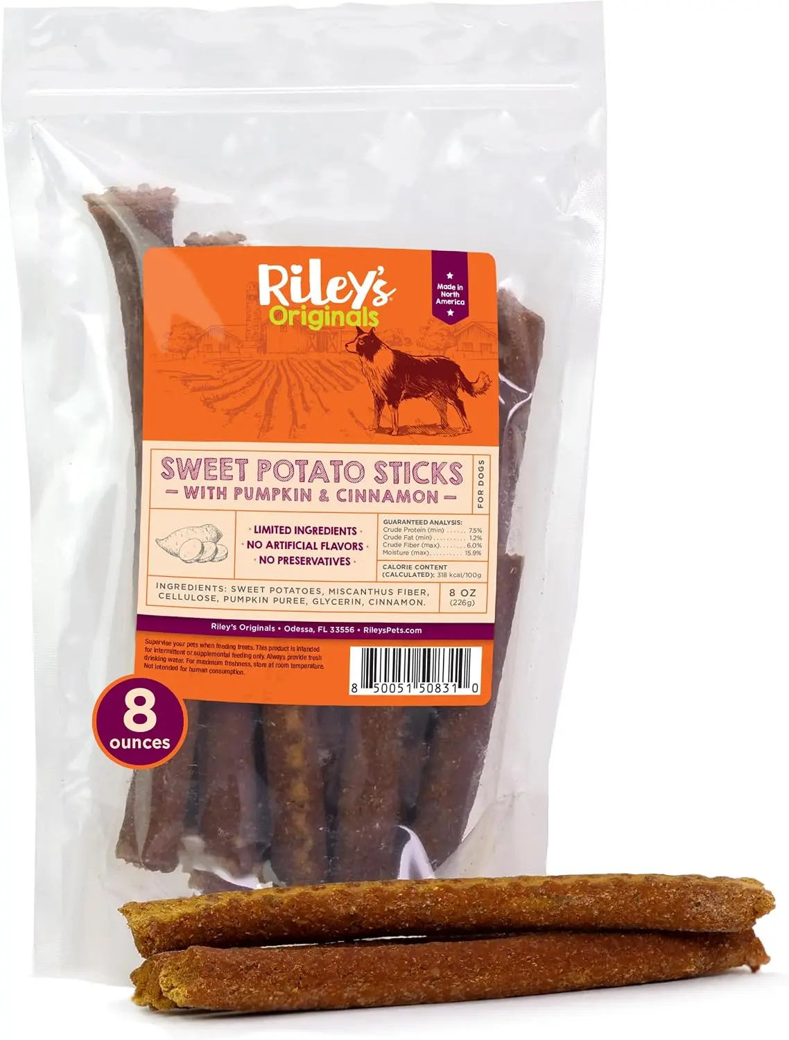 Riley's Sweet Potato Sticks with Pumpkin & Cinnamon for Dogs - 8oz All-Natural & Crunchy Dog Sweet Potato Treats - Made in the USA with Limited Ingredients