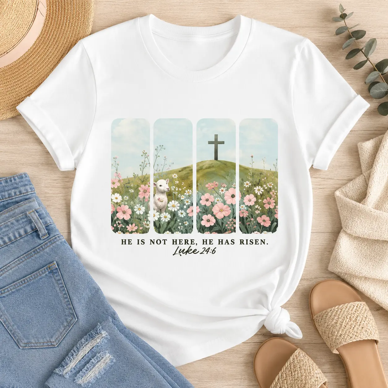 "He Is Not Here He Has Risen Printed Heat Transfer Vinyl Decal - 100% Cotton Compatible, Advanced Digital Printing, Easy to Iron, Washable, Durable, Classic Fit Women's T-Shirt DIY Iron-On Sticker - Everyday Wear Use"