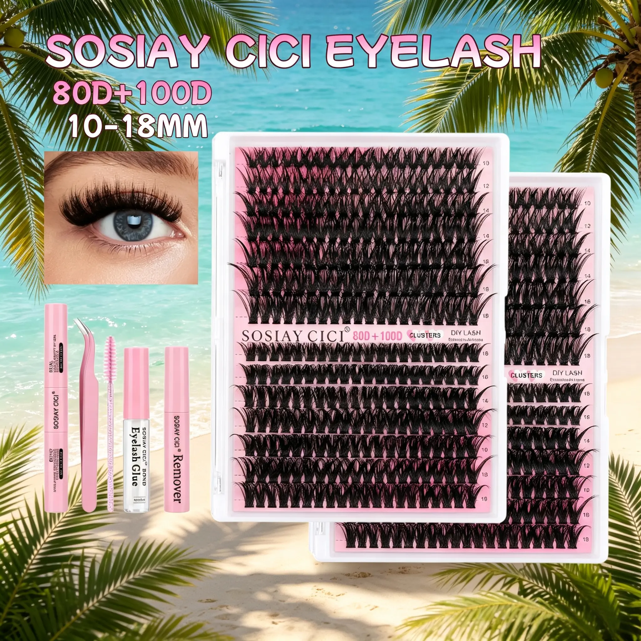 SOSIAY CICI 280 Pcs DIY Lash Extension Kit, Lightweight 80D & 100D D Curl Fluffy Cluster Lashes for Thick Volume, with Waterproof Bond and Seal, Remover, Tweezers & Brush