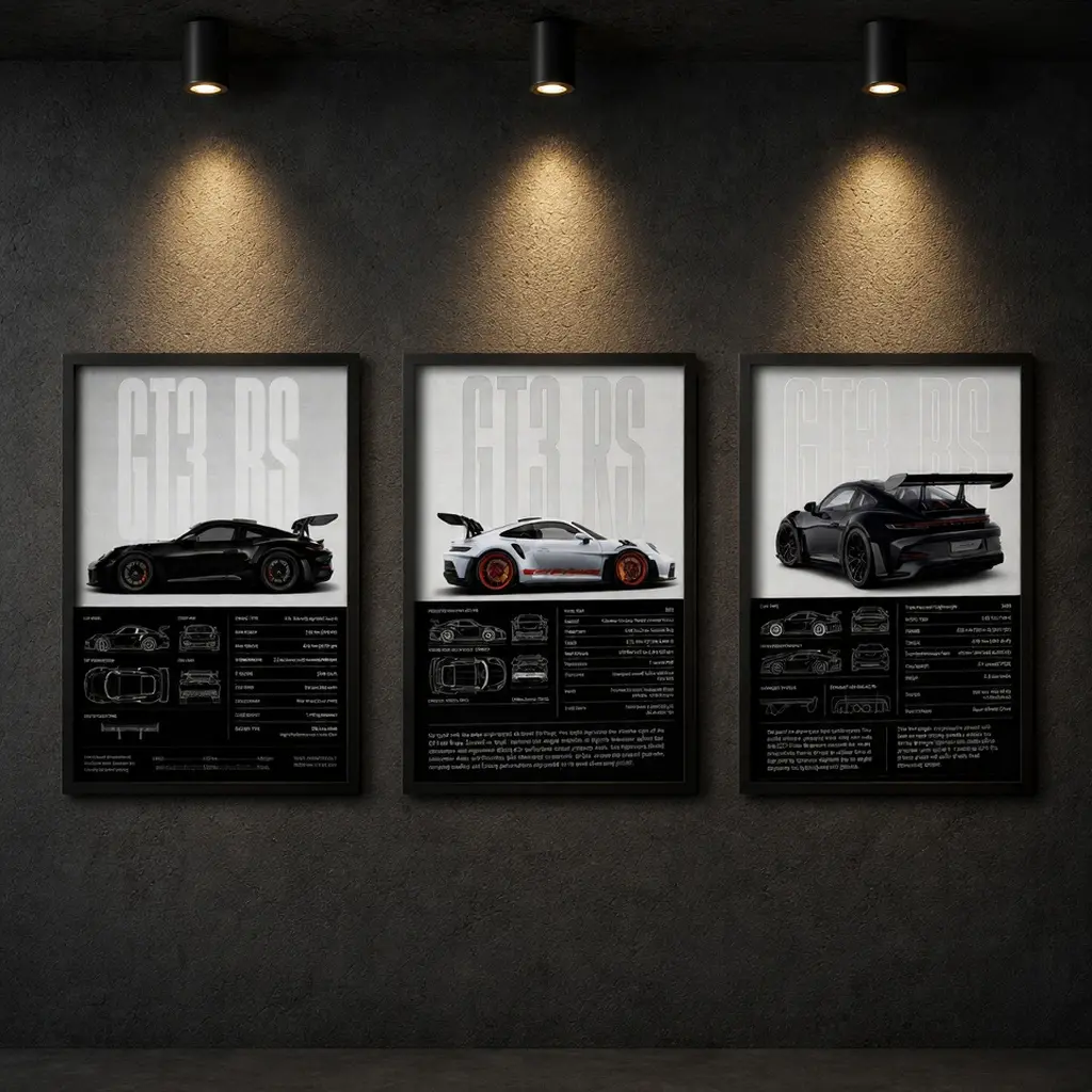 Set of 3 wooden-framed canvas sports car wall art – RS6 C8 / Supra A90 / M4 / GT3 RS tech spec blueprint poster set, waterproof modern track car prints for a garage man cave