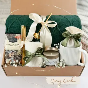 Spring Garden Gift Box with Soft White Throw Blanket, Tea Candle, Mug & Socks - Customizable Options for Any Occasion