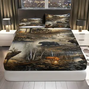 3Pcs Forest Wildlife Adventure Fitted Sheet Three Piece Set (1*Fitted Sheet+2*Pillowcases, Coreless), Nature theme, Outdoor Camping Bedding Set, Mattress Protector Soft, Breathable Sheets