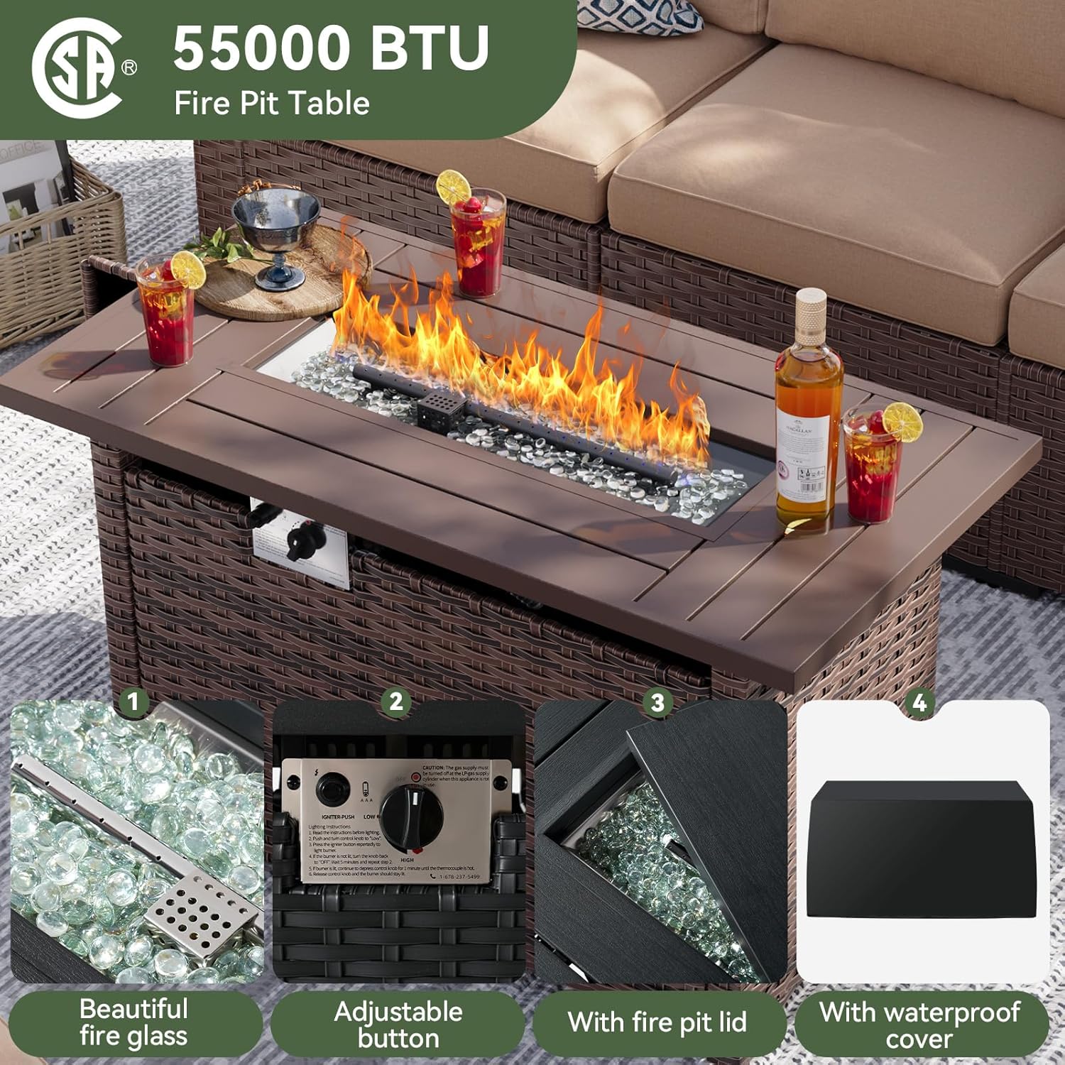 Aoxun 8 Piece Patio Furniture Set with 44” Fire Pit Table, Wicker Rattan Patio Sectional Sofa, Outdoor Furniture Set with Thickened Cushion, Brown