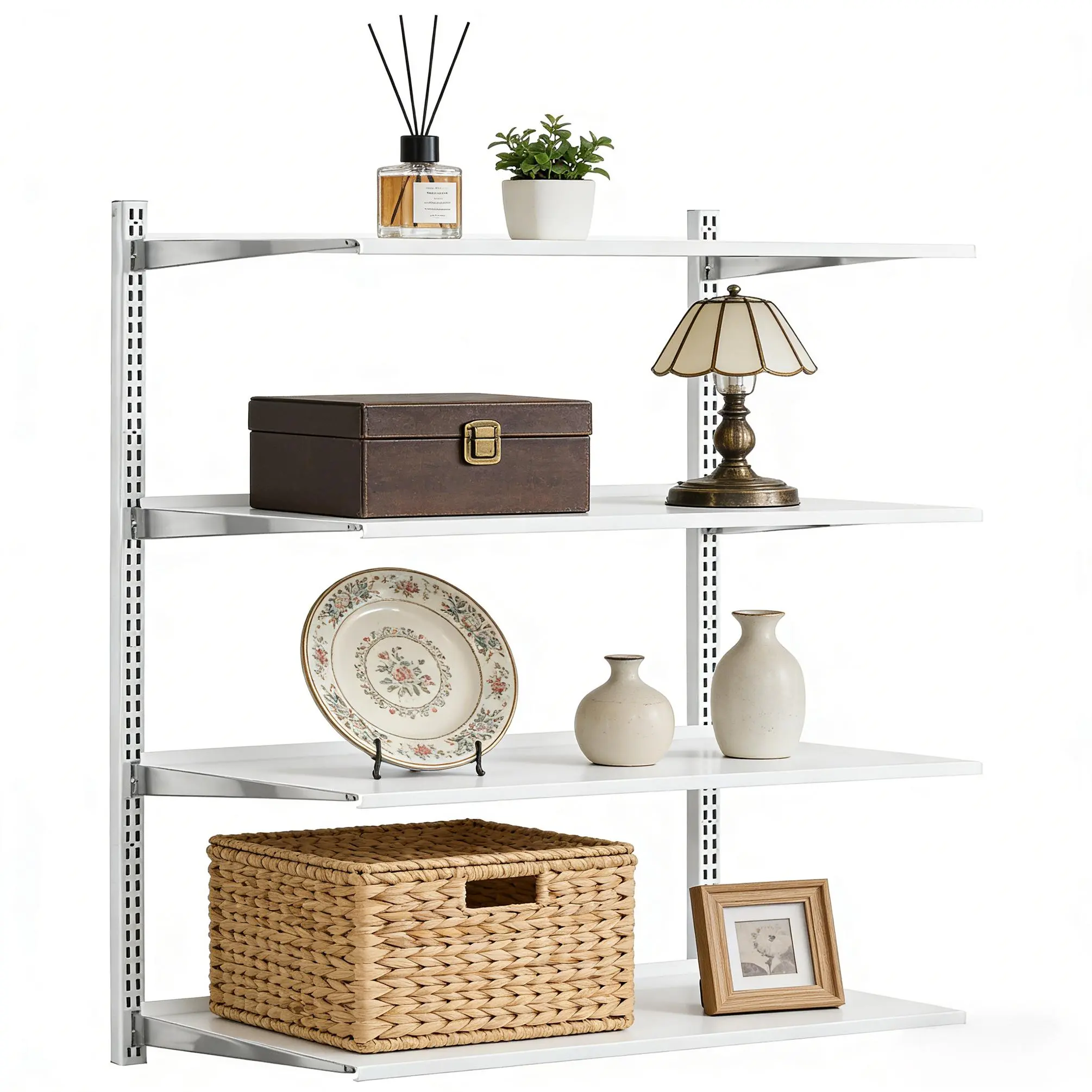 FixtureDisplays® Wall Mounted Shelving System Kit with Dual Slot Tracks, 4 Heavy Duty 12" Brackets & 4 White MDF Shelves 40" x 16", Chrome Steel Closet Pantry Kitchen Garage Storage Organizer 18764+4x18765+4x18766